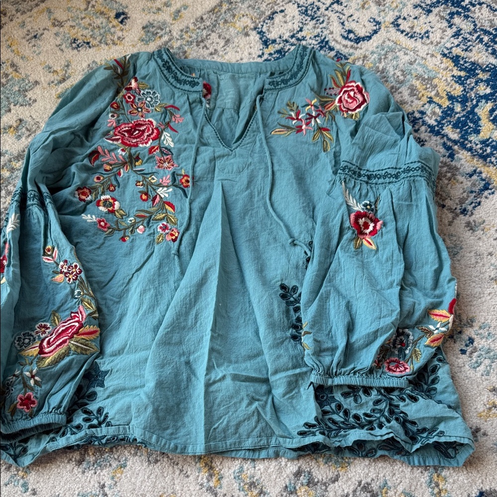 Floral Embroidered Blue Blouse